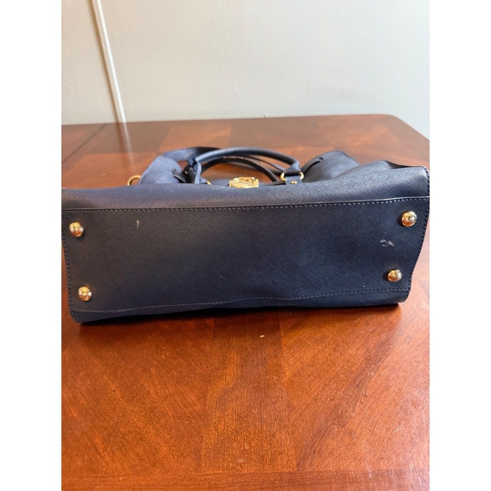 Michael Kors Hamilton Satchel Navy Blue Saffiano Leather Gold Padlock Handbag - Picture 9 of 11